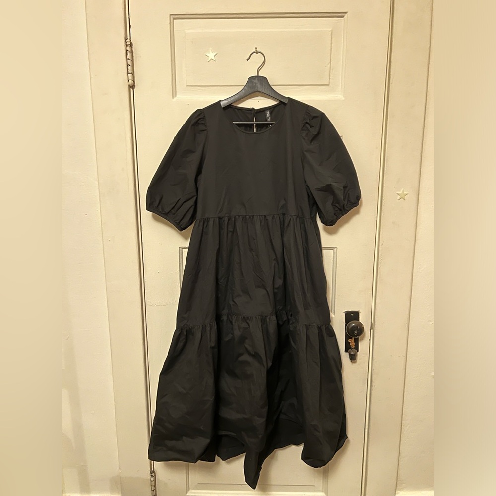 ZARA tiered black cotton poplin dress